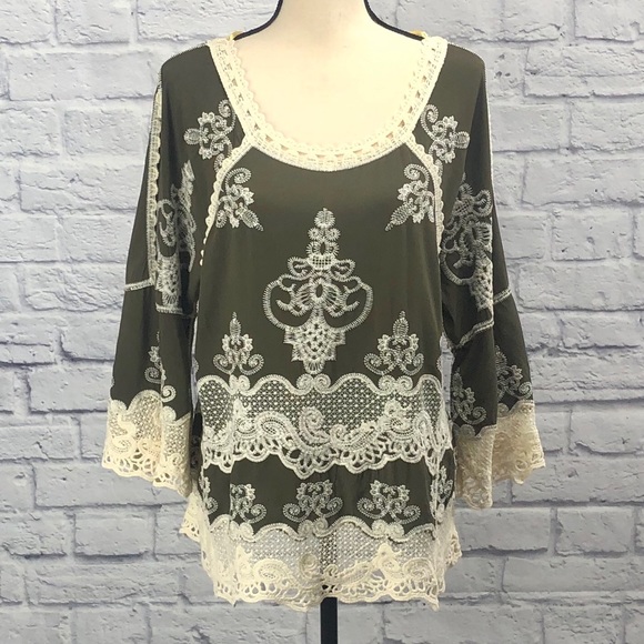 Democracy Embroidered Crochet Top in Olive Green - Picture 13 of 16